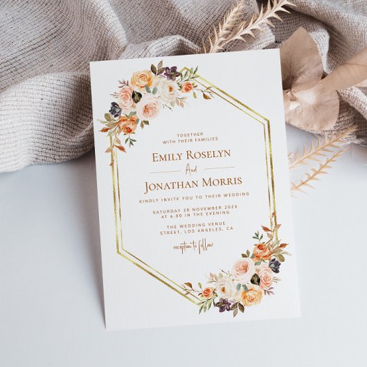 幾何学的金ゴールド赤面秋フローラ結婚アストーン 招待状