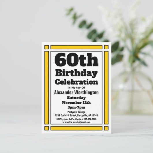 幾何学的金ゴールド60番目の誕生日招待状はがき インビテーションポストカード (スタンド正面)