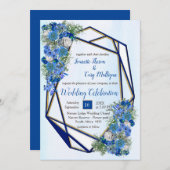 幾何学的金ゴールド – ネイビーコーン花 招待状 (正面/裏面)