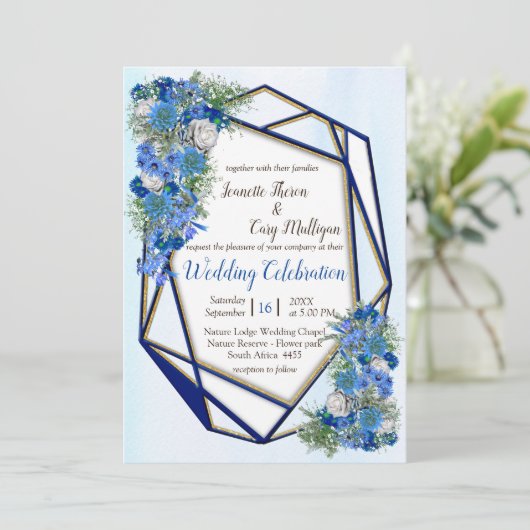 幾何学的金ゴールド – ネイビーフレームとコーン花 招待状 (スタンド正面)