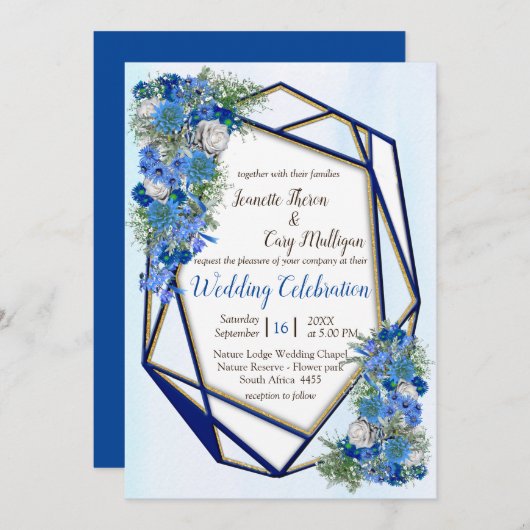 幾何学的金ゴールド – ネイビーフレームとコーン花 招待状 (正面/裏面)