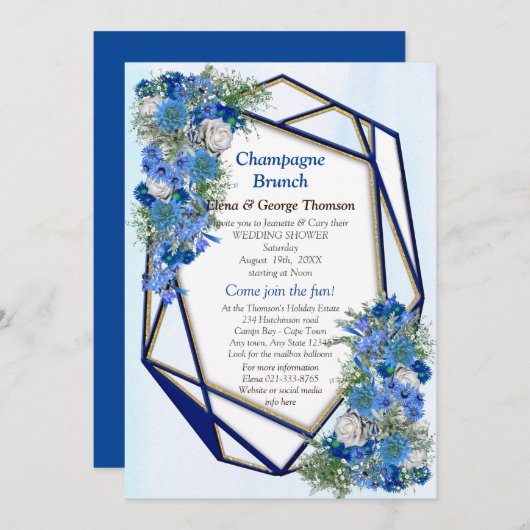 幾何学的金ゴールド – ネイビーブルーフラワーカップルのシャワー 招待状 (正面/裏面)