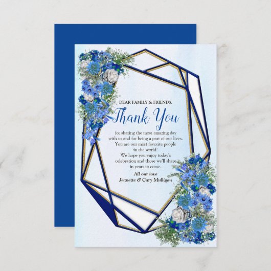 幾何学的金ゴールド – ネイビー&ブルーフラワーサンキューカード 出欠カード (正面/裏面)