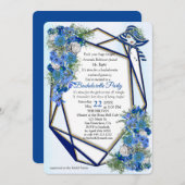 幾何学的金ゴールド – ネイビー – 青い花バチェロレッテ 招待状 (正面/裏面)