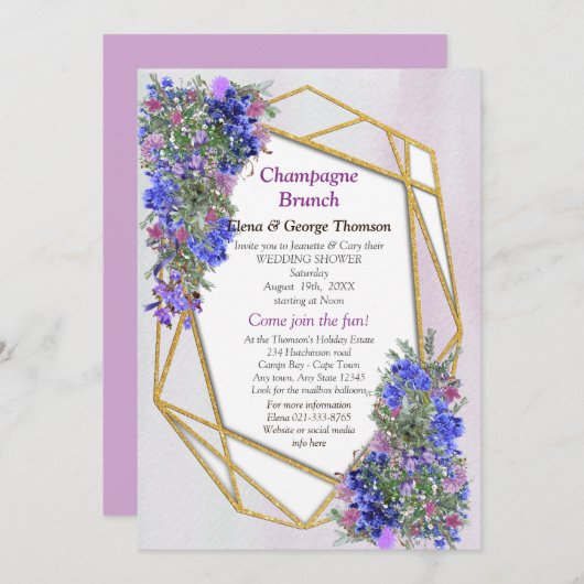 幾何学的金ゴールド&ラベンダーフラワーカップルのシャワー 招待状 (正面/裏面)