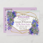 幾何学的金ゴールド&ラベンダーフラワーズ婚約 インビテーションポストカード (正面/裏面)