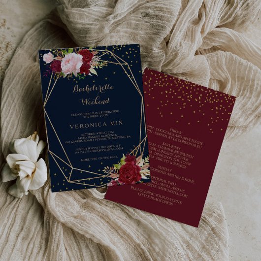 幾何学的金ゴールド&レッドトロピカルバチェロレッテ週末 招待状