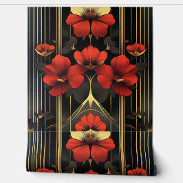 幾何学的金ゴールド&レッドフローラデコ 壁紙