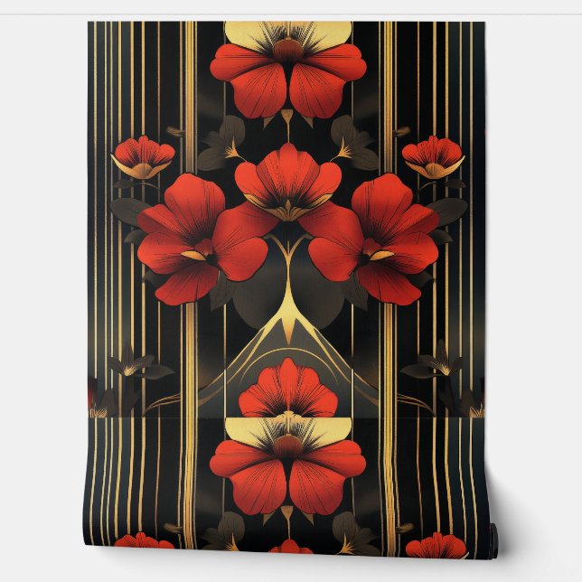 幾何学的金ゴールド&レッドフローラデコ 壁紙 (ほどく)