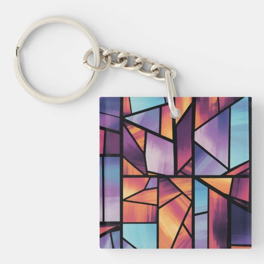 幾何学的鮮やかステンドグラス美術 キーホルダー (正面)