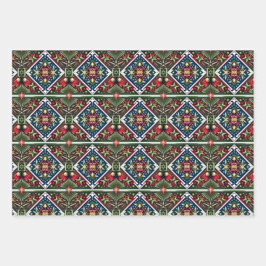 幾何学的50-60sクリスマスカラー赤い緑の白 ラッピングペーパーシート (正面3)