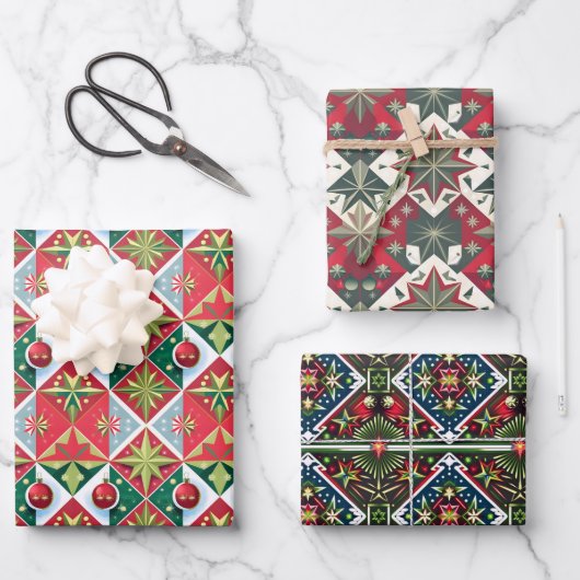 幾何学的50-60sクリスマスカラー赤い緑の白 ラッピングペーパーシート (正面)