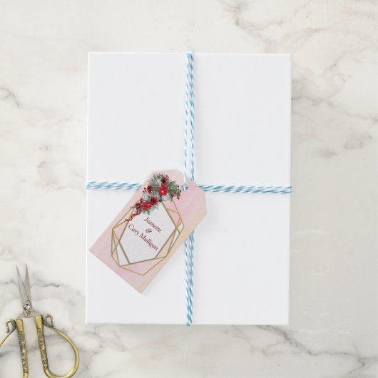 幾何学的 – 金ゴールドグリッターブルゴーニュ花ギフトラベル ギフトタグ (より糸付き)