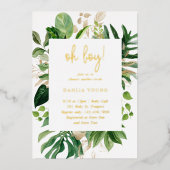 幾何学的Ohボーイトロピカルベビーシャワー金ゴールド 箔招待状 (正面)