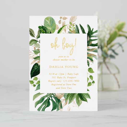 幾何学的Ohボーイトロピカルベビーシャワー金ゴールド 箔招待状 (立ち正面)