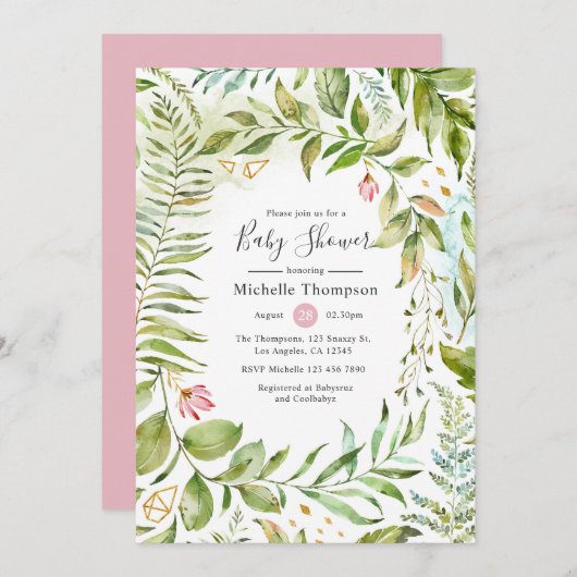 幾何学結晶の緑の赤ちゃんシャワー 招待状 (正面/裏面)