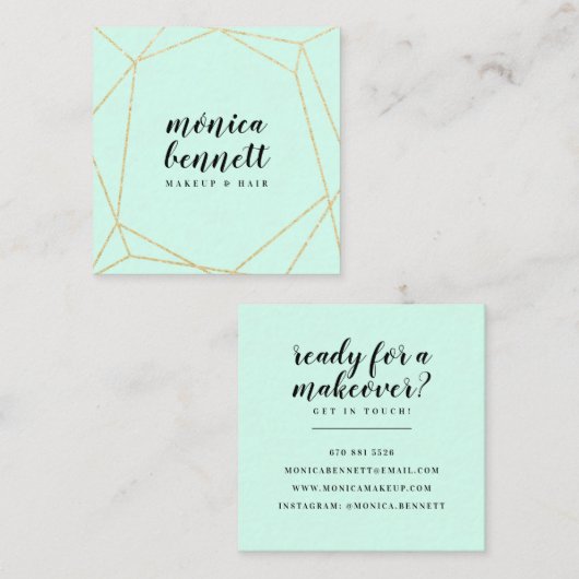幾何学線アートシック金ゴールドグリッターミントグリーン スクエア名刺 (正面/裏面)