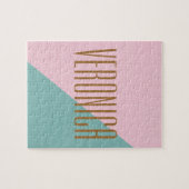 幾何学色ブロックピンクティール(緑がかった色)パーソナライズされた名 ジグソーパズル (横)