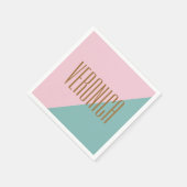 幾何学色ブロックピンクティール（緑がかった色）パーソナライズされた名 スタンダードカクテルナプキン (角)