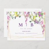 幾何学色ワイルドフラワーモノグラム日付を保存 案内ポストカード (正面/裏面)