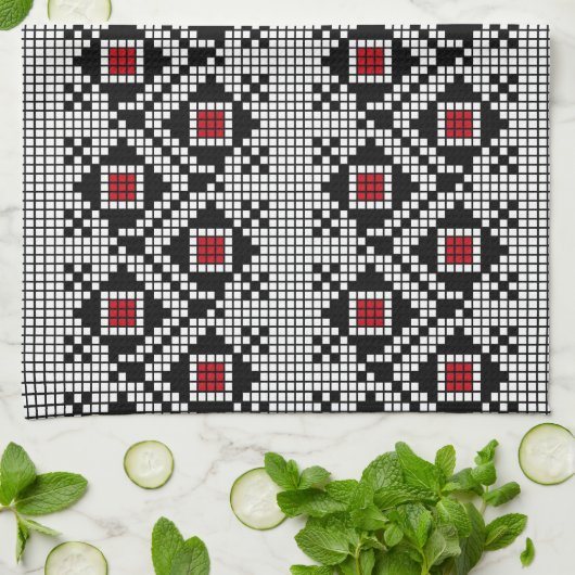 幾何学赤と黒のフォークルーマニアのモチーフ キッチンタオル (折り畳み)