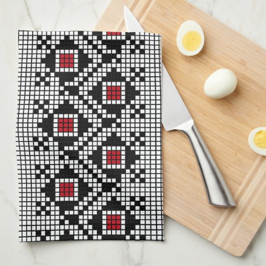 幾何学赤と黒のフォークルーマニアのモチーフ キッチンタオル (四つ折り)