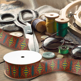 幾何学赤青&黄ヴィンテージ部族 グログランリボン