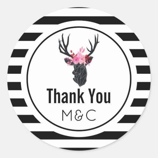 幾何学鹿の頭とフローラクラウンありがとう ラウンドシール (正面)