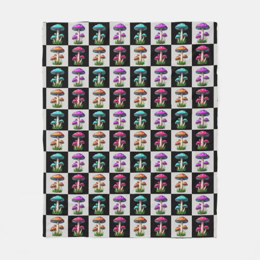 幾何市松模様にキノコ フリースブランケット (正面)