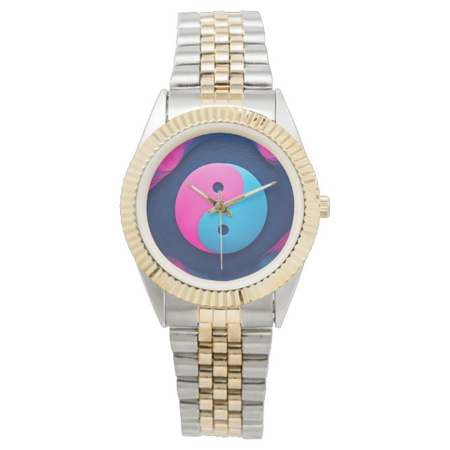 幾何平衡：鮮やか陰陽パターン 腕時計 (正面)