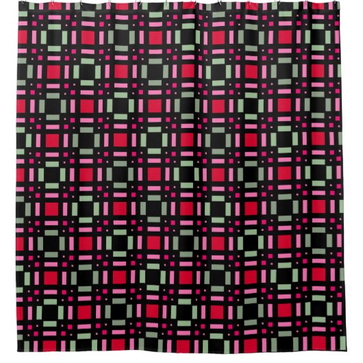 幾何格子状の緑色の赤い黒いストライプ シャワーカーテン (正面)