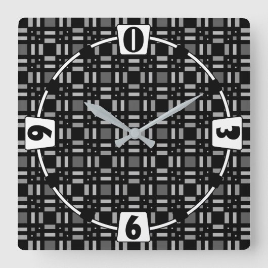 幾何格子状の緑色の赤い黒いストライプ スクエア壁時計 (正面)