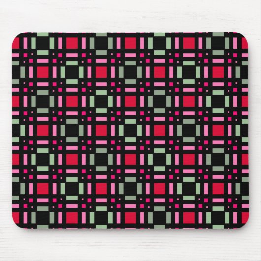 幾何格子状の緑色の赤い黒いストライプ マウスパッド (正面)