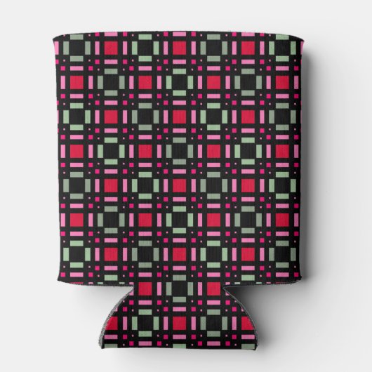 幾何格子状の緑色の赤い黒いストライプ 缶クーラー (裏面)