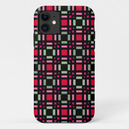 幾何格子状の緑色の赤い黒いストライプ iPhone 11 ケース