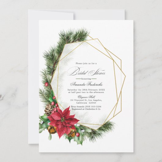 幾何素朴ポインセティアホリデイブライダルシャワー 招待状 (正面)