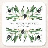 幾何素朴モダンオリーブの枝結婚の スクエアペーパーコースター (正面)