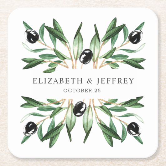 幾何素朴モダンオリーブの枝結婚の スクエアペーパーコースター (正面)