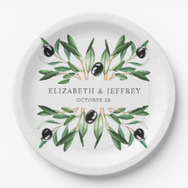 幾何素朴モダンオリーブの枝結婚の ペーパープレート