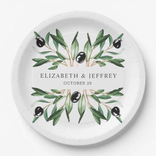 幾何素朴モダンオリーブの枝結婚の ペーパープレート (正面)