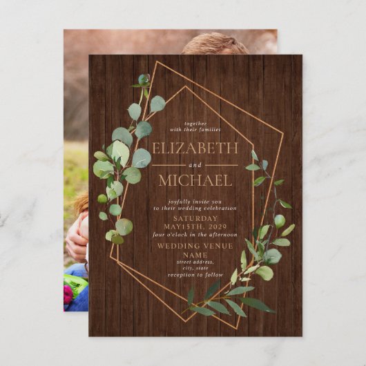 幾何素朴ユーカリ木写真結婚の 案内ポストカード (正面/裏面)