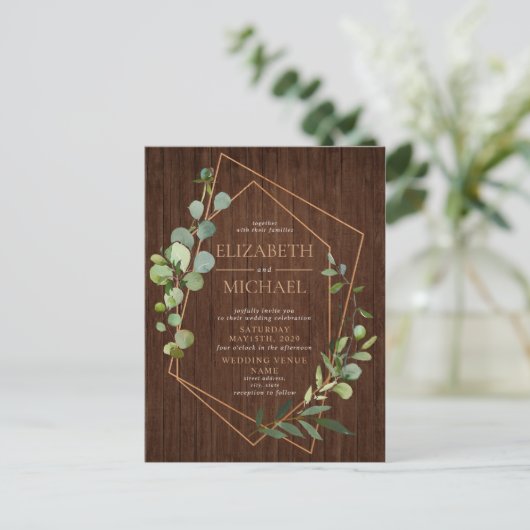 幾何素朴ユーカリ木写真結婚の 案内ポストカード (スタンド正面)