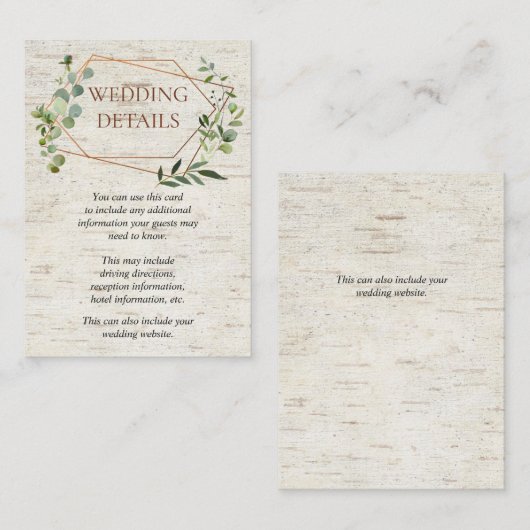 幾何素朴ユーカリ樺の木結婚詳細 エンクロージャーカード (正面/裏面)