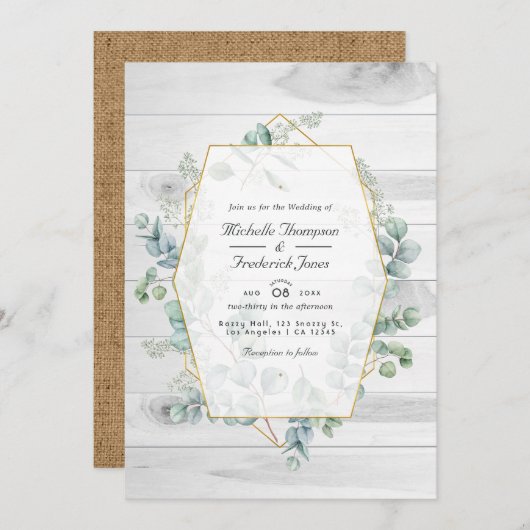 幾何素朴ユーカリQRコード庭園の結婚式 招待状 (正面/裏面)