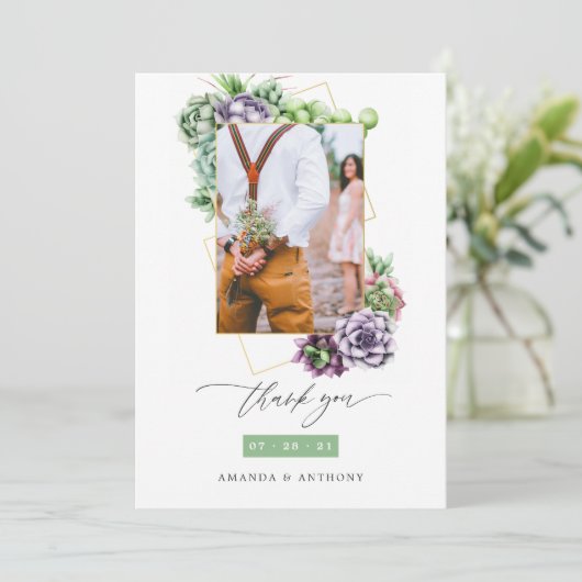 幾何結婚色の写真コラージュ サンキューカード (スタンド正面)