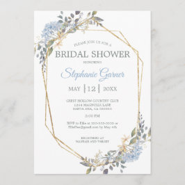 幾何金ゴールドダスティブルー花模様ブライダルシャワー 招待状
