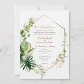 幾何金ゴールドフレーム熱帯葉緑結婚の 招待状 (正面)