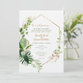 幾何金ゴールドフレーム熱帯葉緑結婚の 招待状 (スタンド正面)