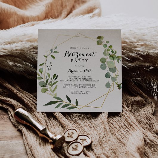 幾何金ゴールド熱帯緑の退職パーティー 招待状