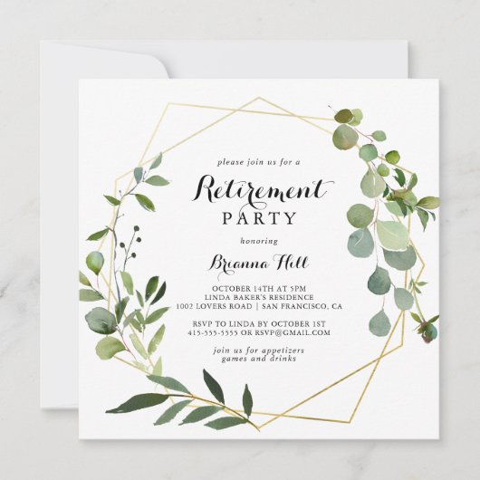 幾何金ゴールド熱帯緑の退職パーティー 招待状 (正面)